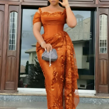Fabulous Brown Lace Evening Dresses African Traditional Wedding Bride Dress Luxury Beads Lace Birthday Dress Asoebi Costomized