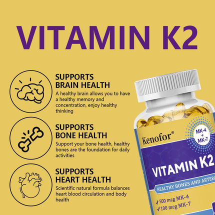 Vitamin K2 Capsules with MK-4 & MK-7, Bone Teeth Joint, Cardiovascular & Calcium Metabolism Support, Anti-Aging, Vegetarian