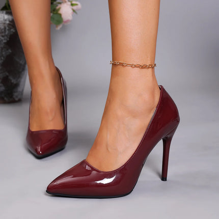 Sexy Wine Red Pointed Toe Patent Leather High Heels Temperament Girl Party Dress Stiletto Pumps Classic Black Work Single Shoes
