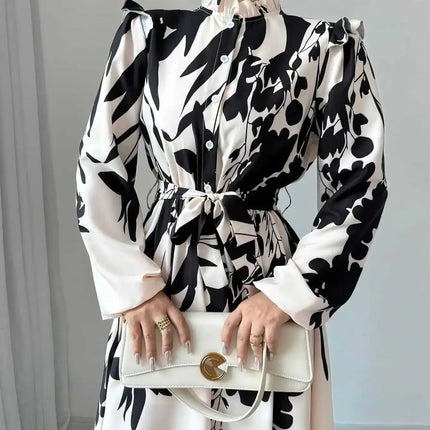 Dresses For Women Black And White Flowers Print Long Sleeve Ruffled Collar Elegant Dress Lace Up A-Line Dress 2026 Spring New