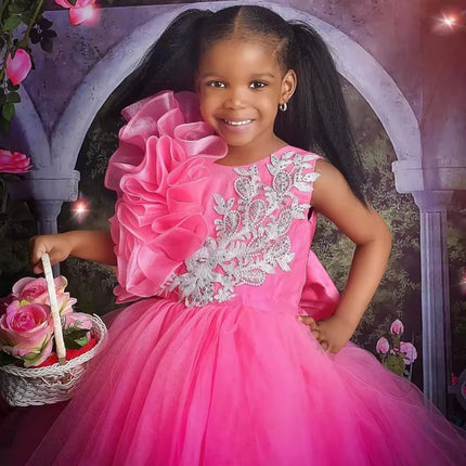 Customized Rose Pink Flower Girl Dresses Tulle Puffy White Embroidery Sleeveless For Wedding Birthday Prom Holy Communion Gowns