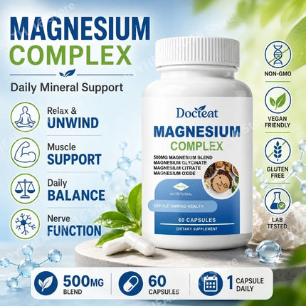 Triple Magnesium Complex Capsules with Glycinate Citrate and Oxide Daily Wellness and Mineral Nutrition Supplement 60 Count