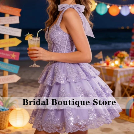 Sparkly Tiered Lace Tulle Homecoming Dresses Short Bow Straps Formal Prom Gowns Sweet 16
