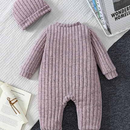 Baby Boy Autumn Winter Plaid Front Vintage Button Design Easy Wear Comfortable Soft Overall Style Simple Warm Hat Included
