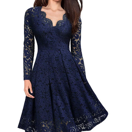 Women Lace A-Line Dress Spring Autumn V Neck Long Sleeve Lace Crochet Patchwork WineRed Slim Party Dresses JYFS-JY8858
