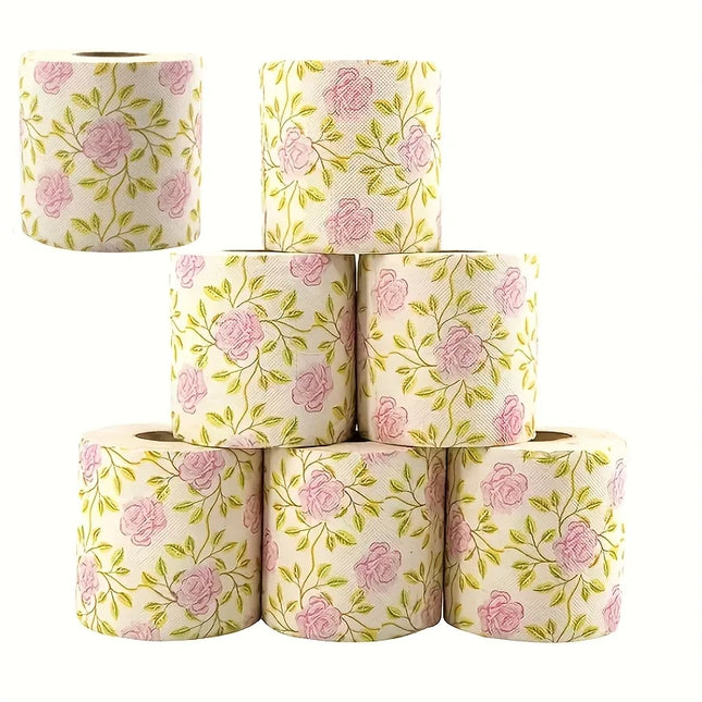 1 Roll Rose Printed Toilet Paper, Bamboo & Wood Pulp Creative Printed Roll Tissue for Home Bathroom