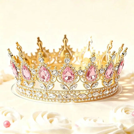 2pcs Pink Crown Birthday Cake Topper Set Gold Happy Birthday Acrylic Cake Decor Rhinestone Queen Tiara Cake Decoration for Women