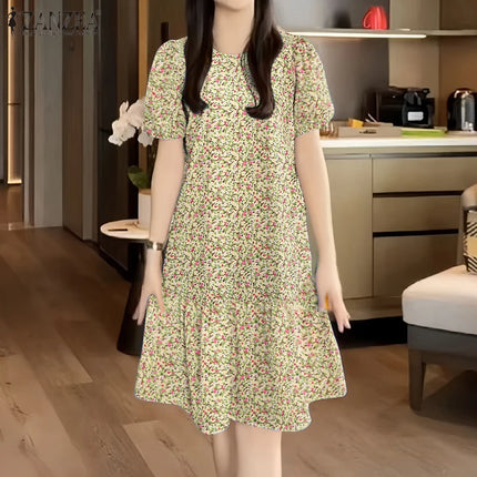 2026 ZANZEA Summer Floral Printed Dresses Women Elegant Casual Holiday Party Dress Stylish Short Sleeve Work Knee Length Robe