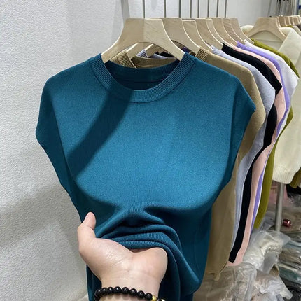 Women's T-shirt Summer O Neck Knitted Fashion Woman Blouse 2026 Short Sleeve Tees Solid Color Ice Silk Oversized T-shirt Women