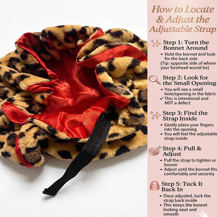Leopard Print Teddy Plush Hair Bonnet with Big Bow, Satin Lined Soft Fluffy Night Sleep Cap, Adjustable Bear Ear Hair Wrap for W