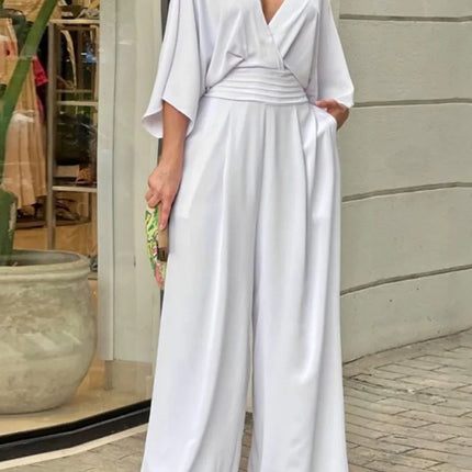 Solid Color Jumpsuits For Woman Jumpsuit Women's Clothing Temperament Simple Style Casual V-link Loose Tighten The Waist Elegant
