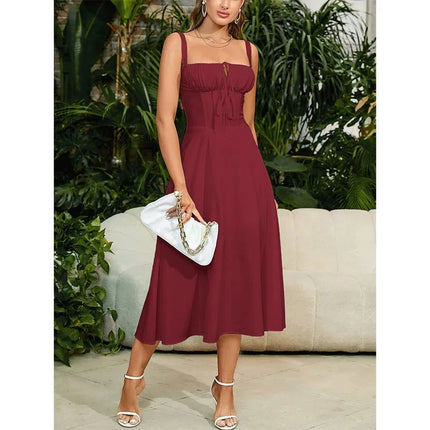 Y2K Summer Sweet Sleeveless Long Slit Lace Up Women Fashion Bandage Camisole Padded Boned Robe Elegant Party Vestidos Dresses