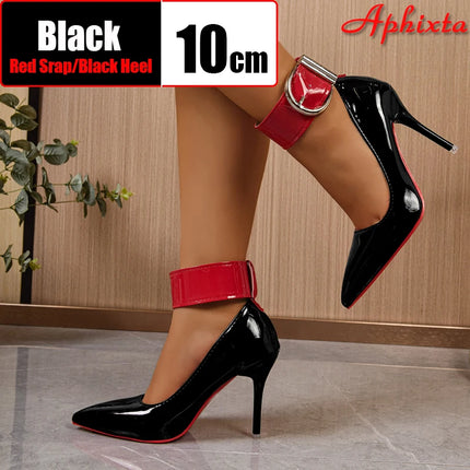 Aphixta New Arrivals 4cm Strap Metal Belt Buckle 10cm Stiletto Heels Pumps Women Party Shoes Red Black Pointed Toe Big Size 53