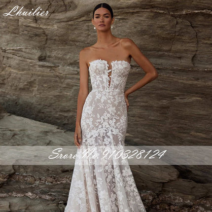 Lhuillier Customized Strapless Lace Mermaid Wedding Dresses Sleeveless Beaded Bridal Dress with Chapel Train