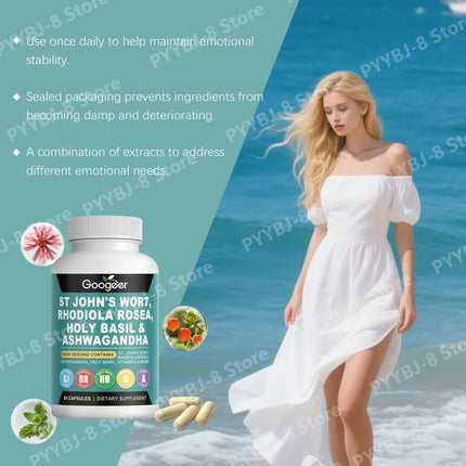 Googeer Rhodiola Rosea Capsule with St John's Wort  Ashwagandha and Holy Basil Extracts Mood Support for Women and Men 60 Caps