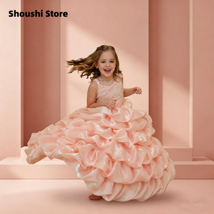 Pink Sequin Multi-layer Pleated Dress Flower Girl Dress Customized Ball Drss Children's Birthday Party First Communion Dress