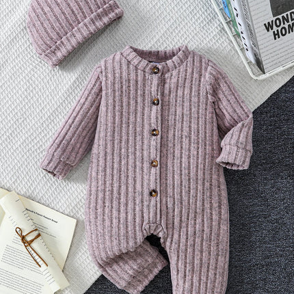 Baby Boy Autumn Winter Plaid Front Vintage Button Design Easy Wear Comfortable Soft Overall Style Simple Warm Hat Included