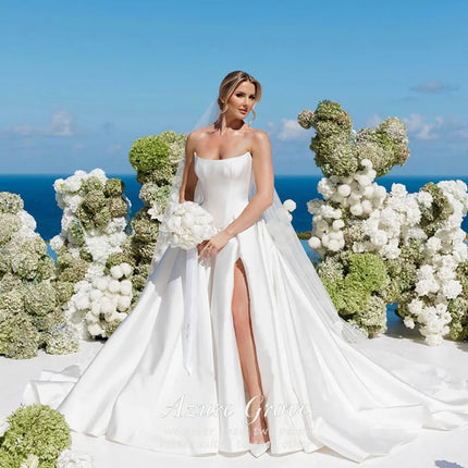 AG Customized Wedding Dress Elegant Satin Wedding Dress Strapless A Line Front Split Bridal Gowns Sweap Train Cape Bride Dresses