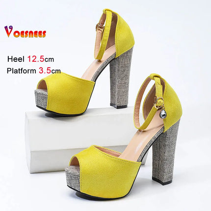Women 12.5CM Suede Yellow Sandals With High Heels Summer Platform Woman Shoes Europe and America Versatile Sexy Peep Toe Sandals