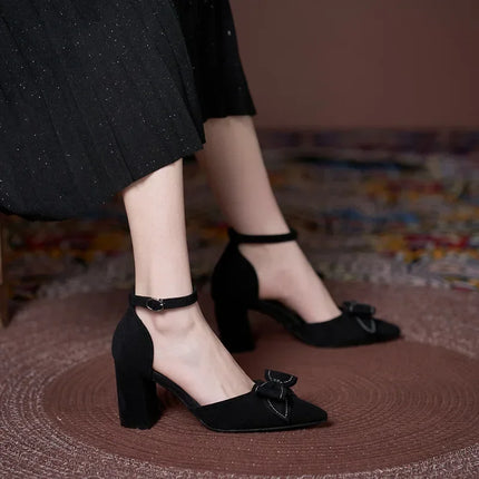 Small Size 30-44 Black Shoes Women Summer High Heel Sandals Chunky Heel Hollow Bow Women's Sandals Shoes