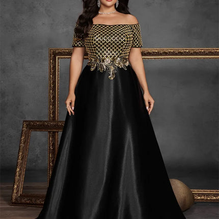 Plus Size Elegant Short Sleeve Sequins Splicing Formal Evening Dresses Women Luxury Party Bridesmaid Cocktail Gowns