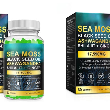 Sea Moss Black Seed Oil Ashwagandha Shilajit Gummies For Energy Boost & Immunity Digestion Stress Support, Adult, 60 Gummies