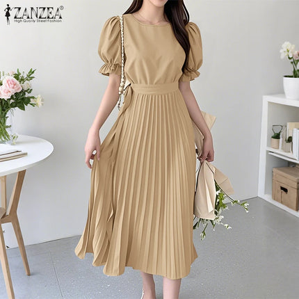 2026 ZANZEA Elegant Pleated Dress Women Summer Sundress Short Puff Sleeve Midi Dresses Solid A Line Work Vestidos Holiday Robe