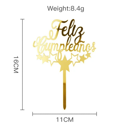 Acylic Feliz Cumpleanos Espanol Spanish Happy Birthday Cake Topper Gold Crown Design Cupcake Baking Supplies Party Decoration