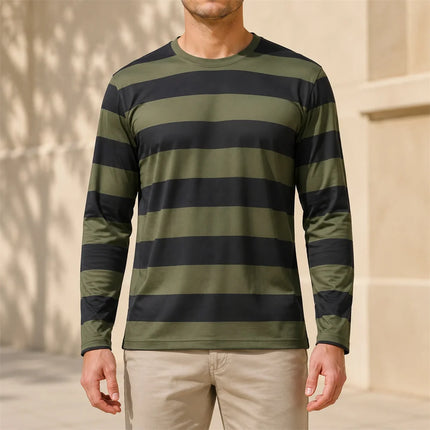 Autumn Daily Casual Stripe Long Sleeve T-shirt For Men 3D Print Contrast Color Design Round Neck T Shirts Basic Versatile Styles