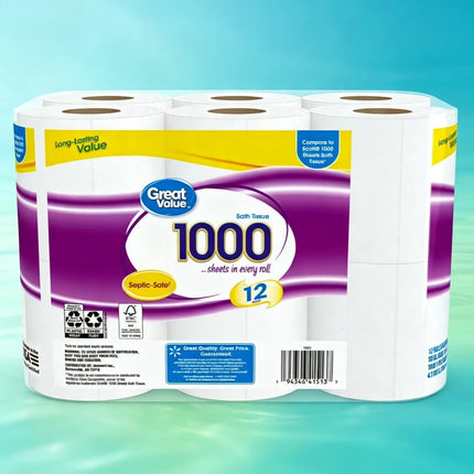 ICUTE-Great Value Toilet Paper, 1000 Sheets per Roll, 12 Rolls