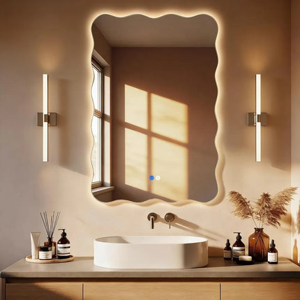 Wavy LED Bathroom Mirror 24x36 Vanity Light IP54 Anti-Fog 3 Color Dimmable