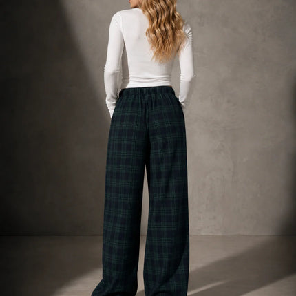 Women Plaid Wide Leg Pants, Elastic Waist Drawstring Loose Baggy Trousers Casual Comfy Lounge Pants for Daily Streetwear