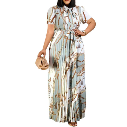 Fashionable and Elegant Print Pleated Long Dresses for Women Oversized Short-sleeved Ladies Temperament Maxi Dress Evening Gowns