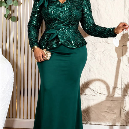 Elegant Women Sequin Dress V Neck Long Sleeves 3D Floral Design Peplum Waist Fitted Mermaid Hem Wedding Party Cocktail Events
