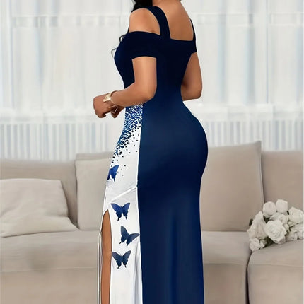 Summer Long Dress Elegant Fashionable Slim-fitting Printed Commuting Style V-neck Off-shoulder Slit Mid-waist Sleeveless Dresses