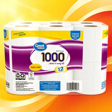ICUTE-Great Value Toilet Paper, 1000 Sheets per Roll, 12 Rolls