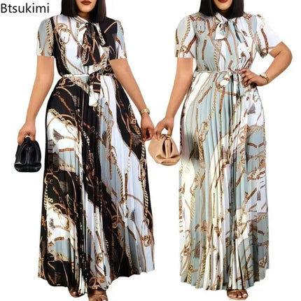 Fashionable and Elegant Print Pleated Long Dresses for Women Oversized Short-sleeved Ladies Temperament Maxi Dress Evening Gowns