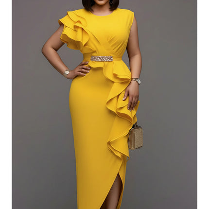 Women's Round Neck Ruffle Decor Split Maxi Bodycon Dress For Wedding Guest Banquet Evening Party Formal Fashion Occasions
