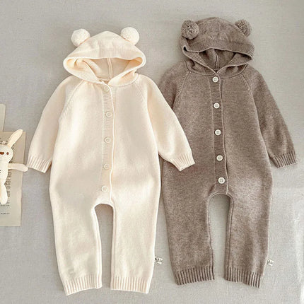 2024 New Autumn Winter Toddler Baby Boys Girl Knitted Romper Long Sleeved Solid Color Hooded Infant  Baby Knitted Jumpsuit