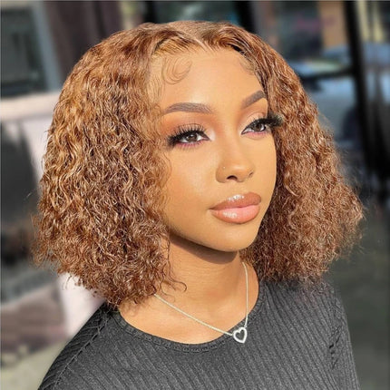 Curly Bob Wig Human Hair Deep Wave 13x4 HD Lace Front Wigs For Black Women Human Hair Pre Plucked Wear And Go Glueless Short Wet And Wavy Ombre Honey Blonde Highlight Color 4/27 12 Inch