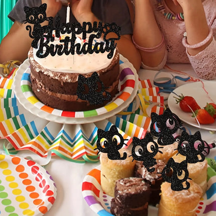 Black Cat Cake Topper Happy Birthday Kids Party Oh Baby Shower Animal Them Cupcake Topper Flags Decoration Baking Supplies DIY