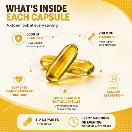 Googeer Vitamin D3 & K2 Capsules with Immune System Support and Bone Formation Support for Calcium Absorption, 120 Capsules