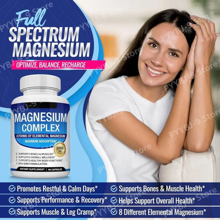 Full Spectrum Magnesium Blend 1000mg Featuring 8 Essential Types for Body Function Balance, Active Lifestyle Support 90 Capsules