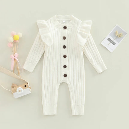 FOCUSNORM 0-18M Autumn Winter Baby Girls Boys Romper 3 Colors Solid Long Fly Sleeve Knitted Single Breasted Jumpsuit