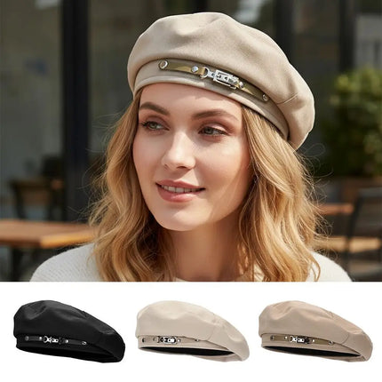 Retro Metal Buckle Retro Beret Cap Solid Color Warm Women Beret Face Little Beanie Cap Women Girls Wear
