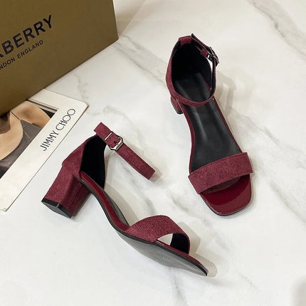 Women Heels Sandals 2025 New Summer Sandal Fashion Square Low Ladies Elegant Dress High Heels Sandal Shoes Outdoor Casual Slides