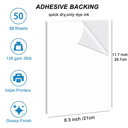 ESHANG Self-Adhesive Photo Paper, A4 Glossy Sticker Paper for Inkjet Printer, 8.3 X 11.7 Inch, 50 Sheets, 135 GSM 36Ib