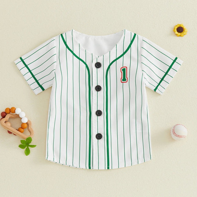 Summer Toddler Baby Boy Shirts 1St Birthday Outfit Letter Stripe Button Up Short Sleeve Baseball Jersey Top Infant Clothes