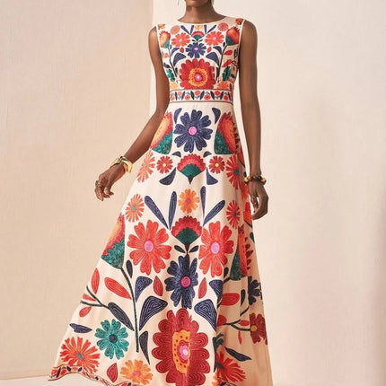 Women Floral Embroidery Maxi Dress Sleeveless Round Neck A-Line Long Dress Summer Beach Wedding Guest Holiday Party Dresses