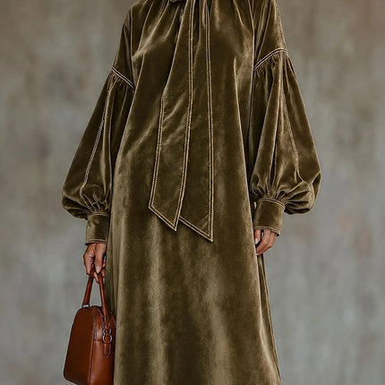 Women Solid Velvet Maxi Dress Bow Tie High Neck Lantern Long Sleeve Loose Dress Elegant Fall Winter Office Evening Party Dresses